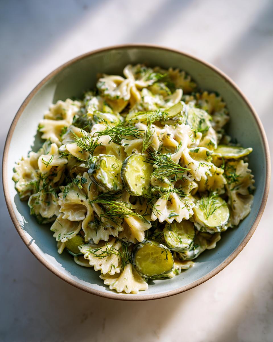A close-up of Irresistible Dill Pickle Pasta Salad with farfalle pasta, sliced pickles, and fresh dill in a bowl.