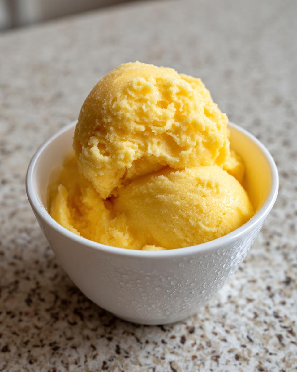 Two scoops of creamy, bright yellow Dole Whip in a white bowl, ready to be enjoyed as a tropical treat.