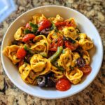 A close-up of a white bowl filled with Irresistible Easy Italian Tortellini Pasta Salad, featuring tortellini, cherry tomatoes, olives, and green peppers.