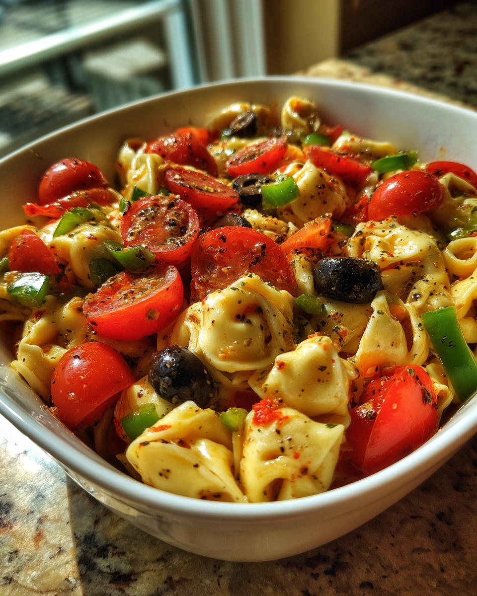 A close-up of a white bowl filled with Irresistible Easy Italian Tortellini Pasta Salad, featuring tortellini, cherry tomatoes, olives, and green peppers.