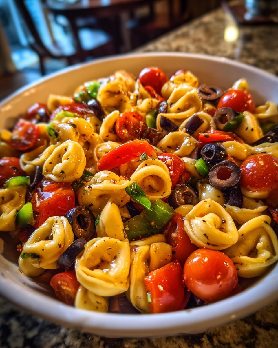 A close-up of a bowl filled with Irresistible Easy Italian Tortellini Pasta Salad, featuring tortellini, cherry tomatoes, olives, and green peppers.