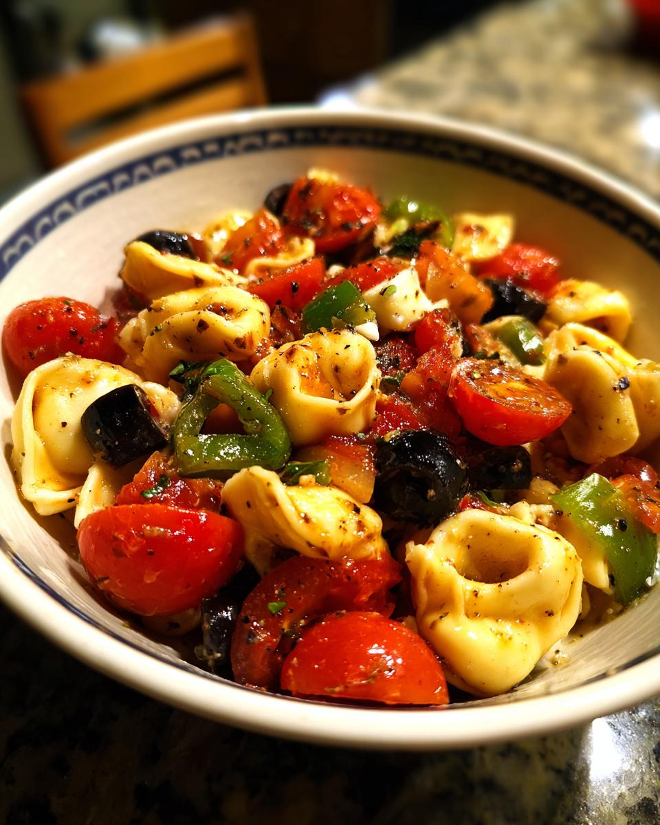 A close-up of Irresistible Easy Italian Tortellini Pasta Salad in a bowl, featuring tortellini, cherry tomatoes, olives, and green peppers.