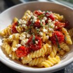 A close-up of Irresistible Feta Tomato Pasta in a white bowl, featuring fusilli pasta, cherry tomatoes, crumbled feta cheese, and fresh basil.
