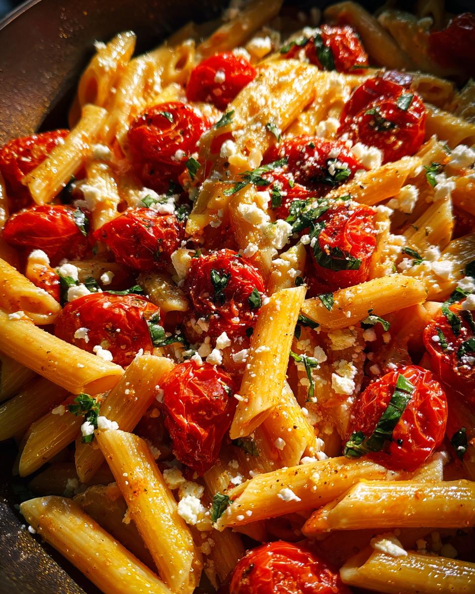 A close-up shot of Irresistible Feta Tomato Pasta with penne, roasted cherry tomatoes, crumbled feta, and fresh herbs.