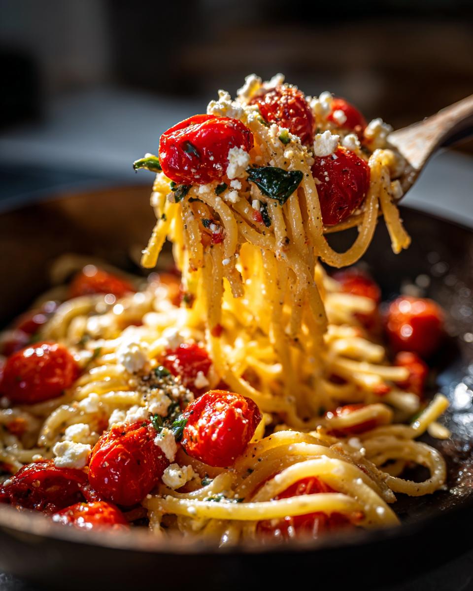 Close-up of Irresistible Feta Tomato Pasta with cherry tomatoes, crumbled feta, and fresh herbs twirled on a fork.