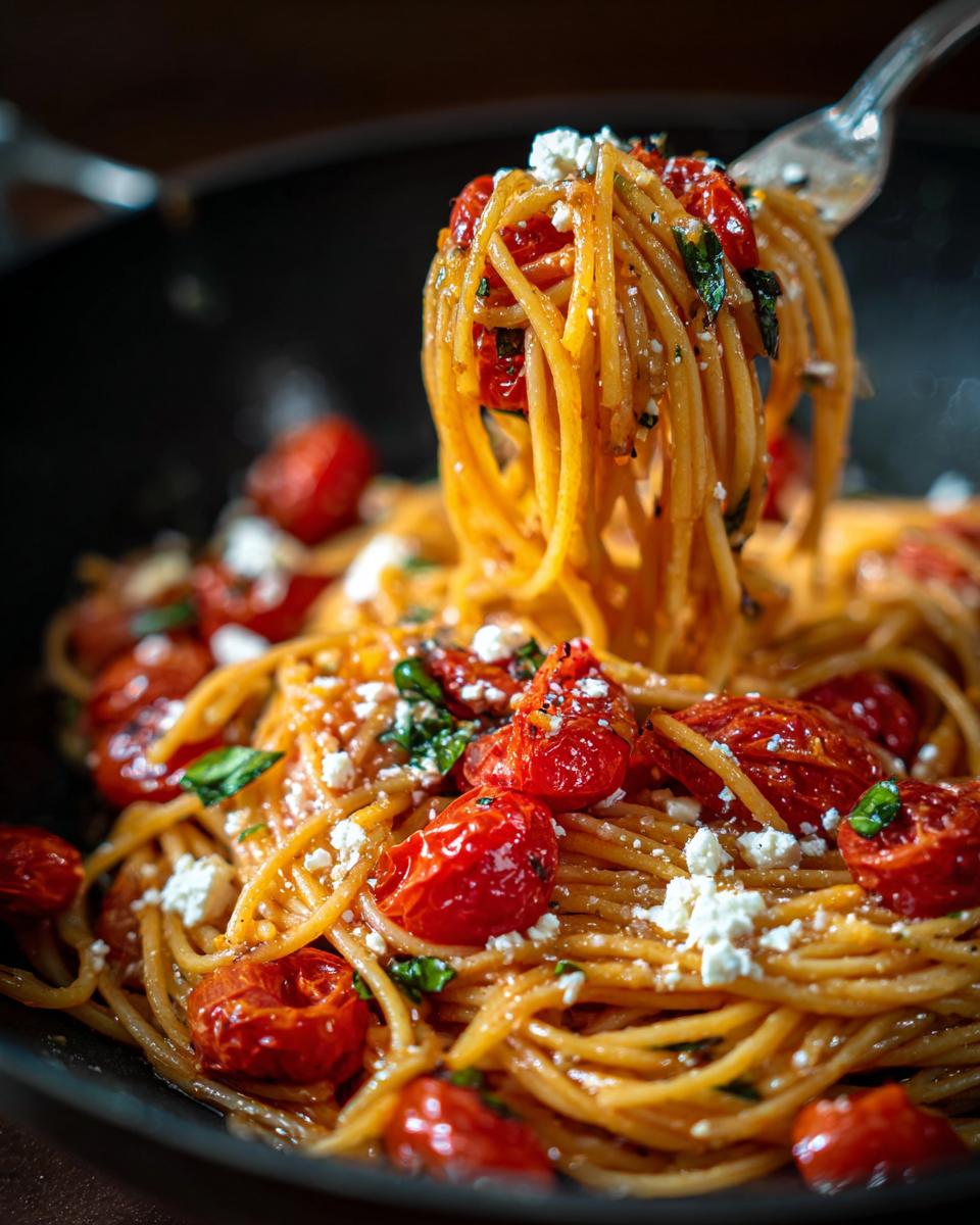 A fork lifts a swirl of Irresistible Feta Tomato Pasta, showcasing cherry tomatoes, feta cheese, and basil.