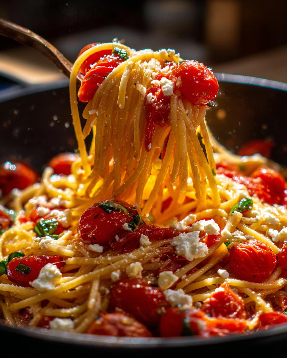 Close-up of Irresistible Feta Tomato Pasta with spaghetti, cherry tomatoes, and crumbled feta cheese.