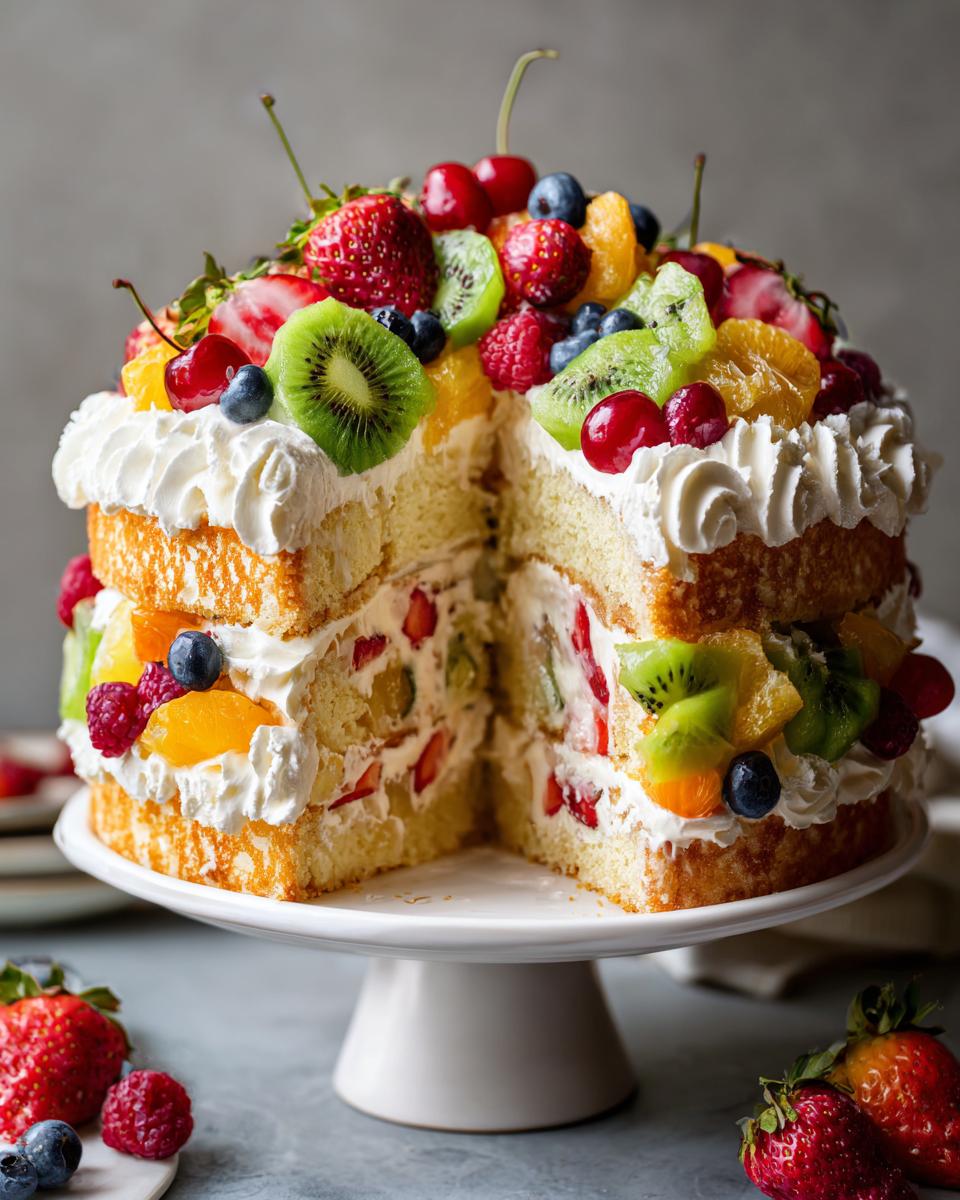 A beautifully decorated Irresistible Fruit Birthday Cake Recipe, sliced to reveal layers of cream and fresh fruit.