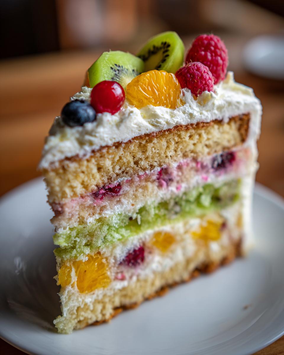 A slice of Irresistible Fruit Birthday Cake with layers of sponge, cream, and fresh fruit like kiwi, raspberries, and oranges.
