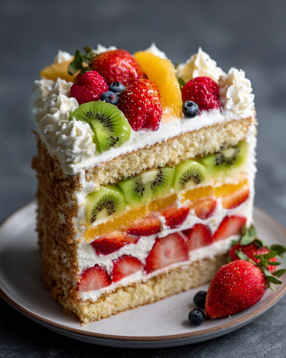 A slice of Irresistible Fruit Birthday Cake, showcasing layers of cake, cream, strawberries, oranges, and kiwi.