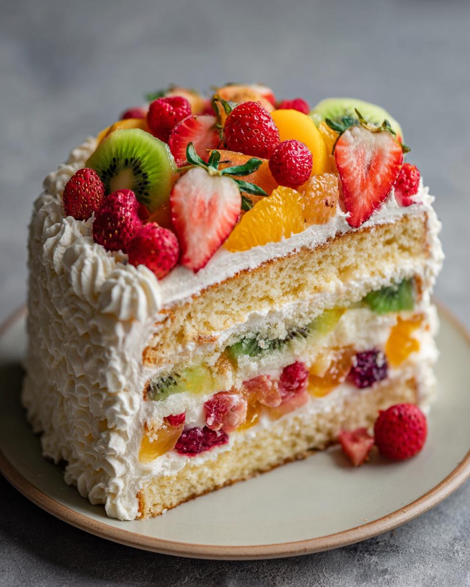 A slice of Irresistible Fruit Birthday Cake, layered with cream and fresh fruits like strawberries, kiwi, and raspberries.