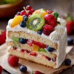 A slice of Irresistible Fruit Birthday Cake, layered with cream and fresh fruits like strawberries, kiwi, blueberries, and oranges.
