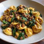 A close-up of Irresistible Garlic Butter Beef and Spinach Tortellini, coated in a rich sauce with crumbled beef and wilted spinach.