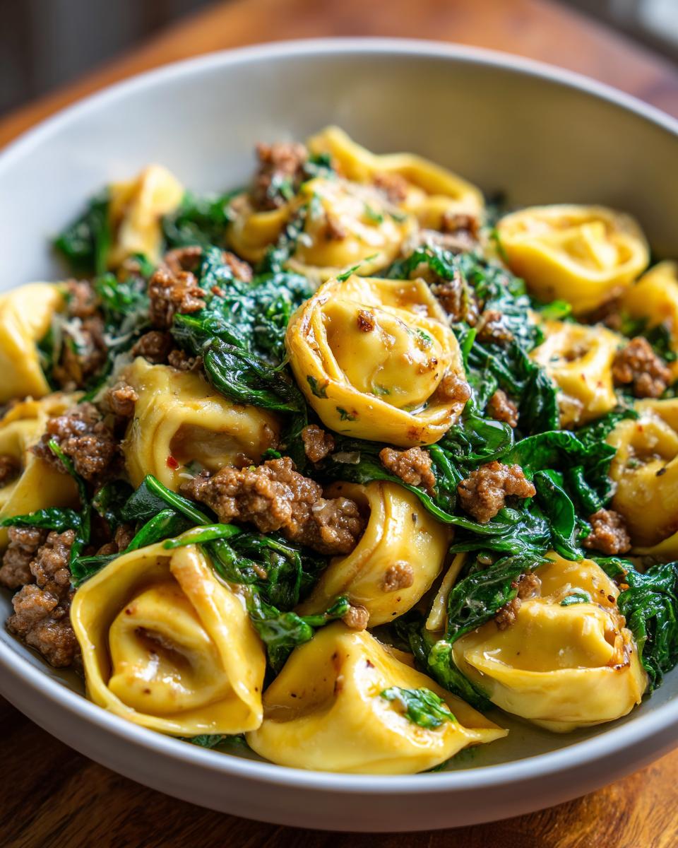 Close-up of a bowl filled with Irresistible Garlic Butter Beef and Spinach Tortellini, showcasing golden tortellini, savory ground beef, and vibrant spinach.