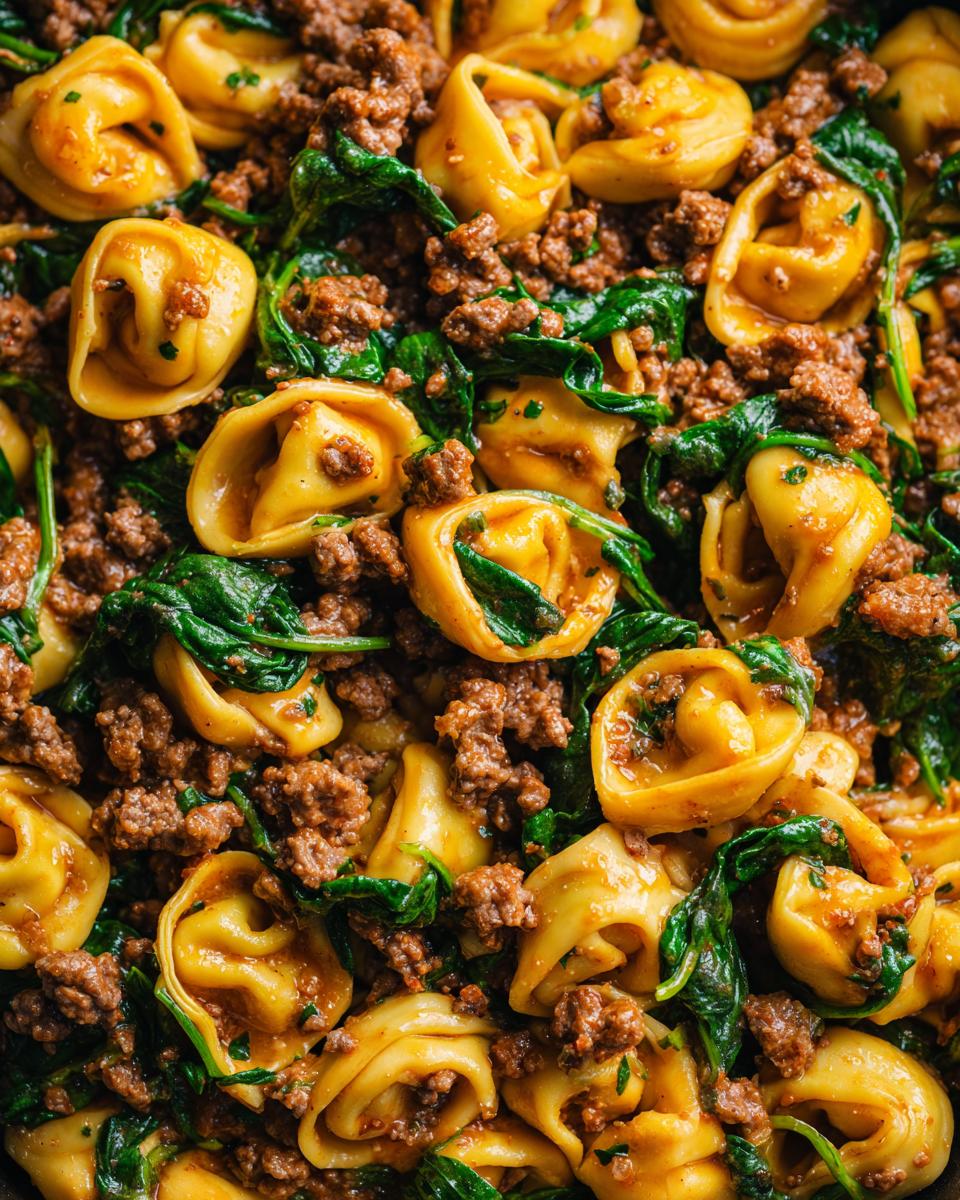 Close-up of Irresistible Garlic Butter Beef and Spinach Tortellini, showing pasta, seasoned ground beef, and wilted spinach in a rich sauce.