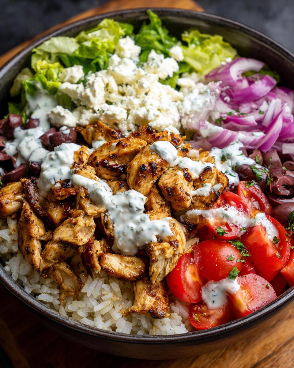 Close-up of an Irresistible Greek Chicken Gyro Bowl with rice, grilled chicken, feta cheese, tomatoes, onions, and tzatziki sauce.