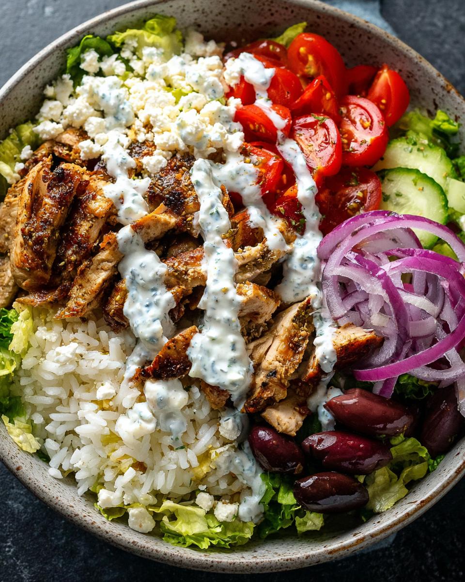 Close-up of an Irresistible Greek Chicken Gyro Bowl with seasoned chicken, rice, feta, tomatoes, cucumbers, red onion, olives, and tzatziki sauce.