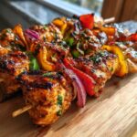 Close-up of Irresistible Grilled Mexican Chicken Skewers with colorful bell peppers and red onion on a wooden board.