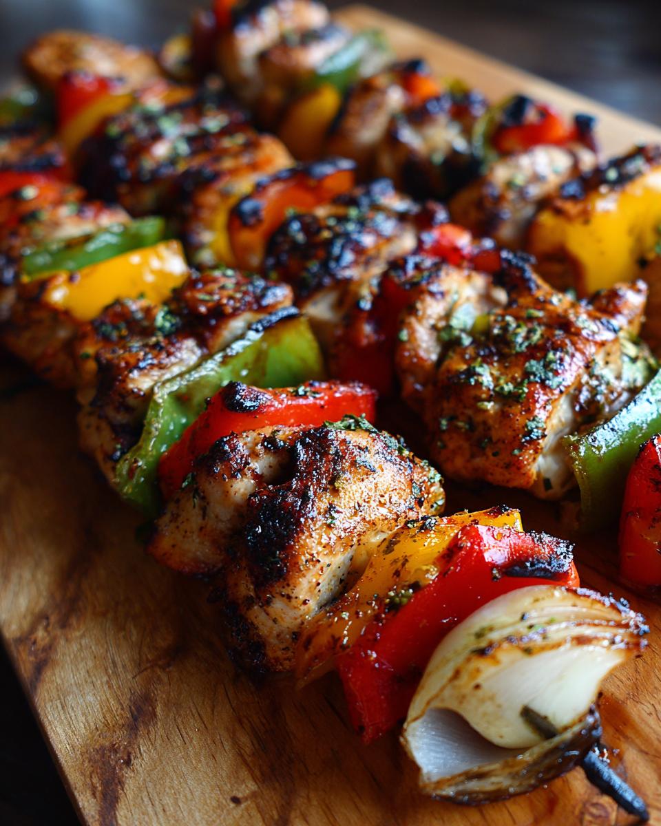 Close-up of Irresistible Grilled Mexican Chicken Skewers with colorful bell peppers and onions on a wooden board.
