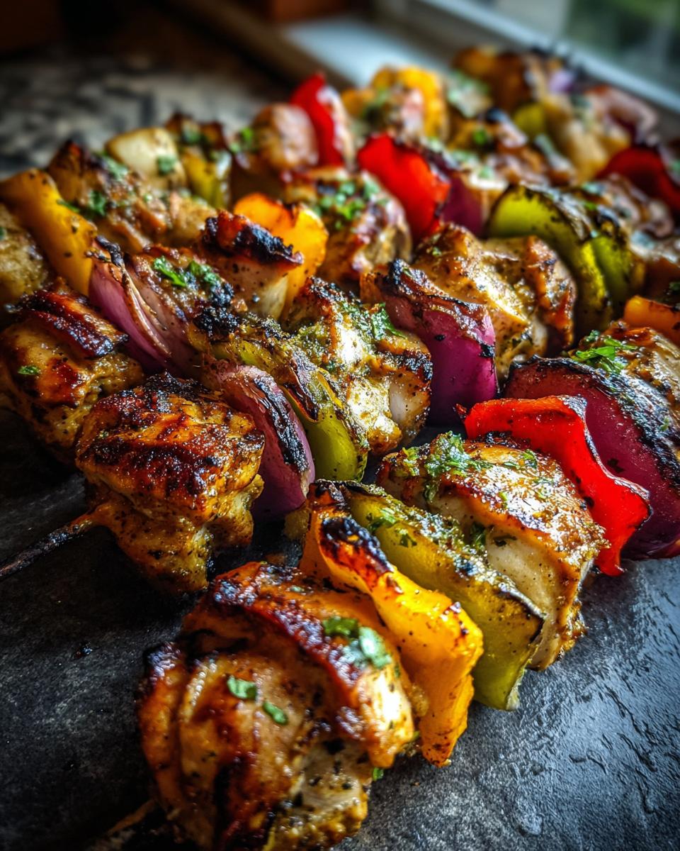 Close-up of Irresistible Grilled Mexican Chicken Skewers with colorful bell peppers and red onion.