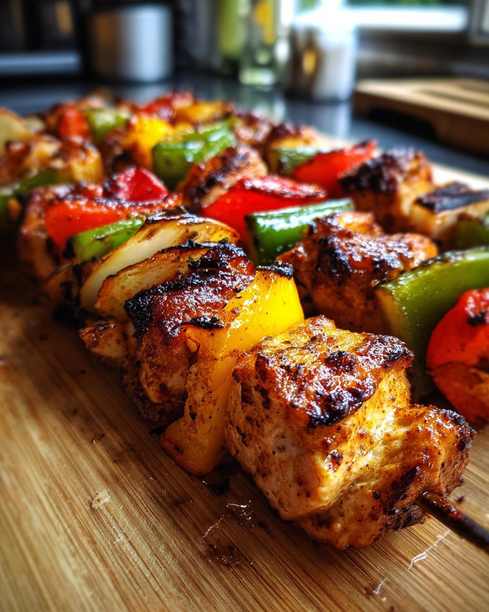 Close-up of Irresistible Grilled Mexican Chicken Skewers with colorful bell peppers and onions on a wooden board.