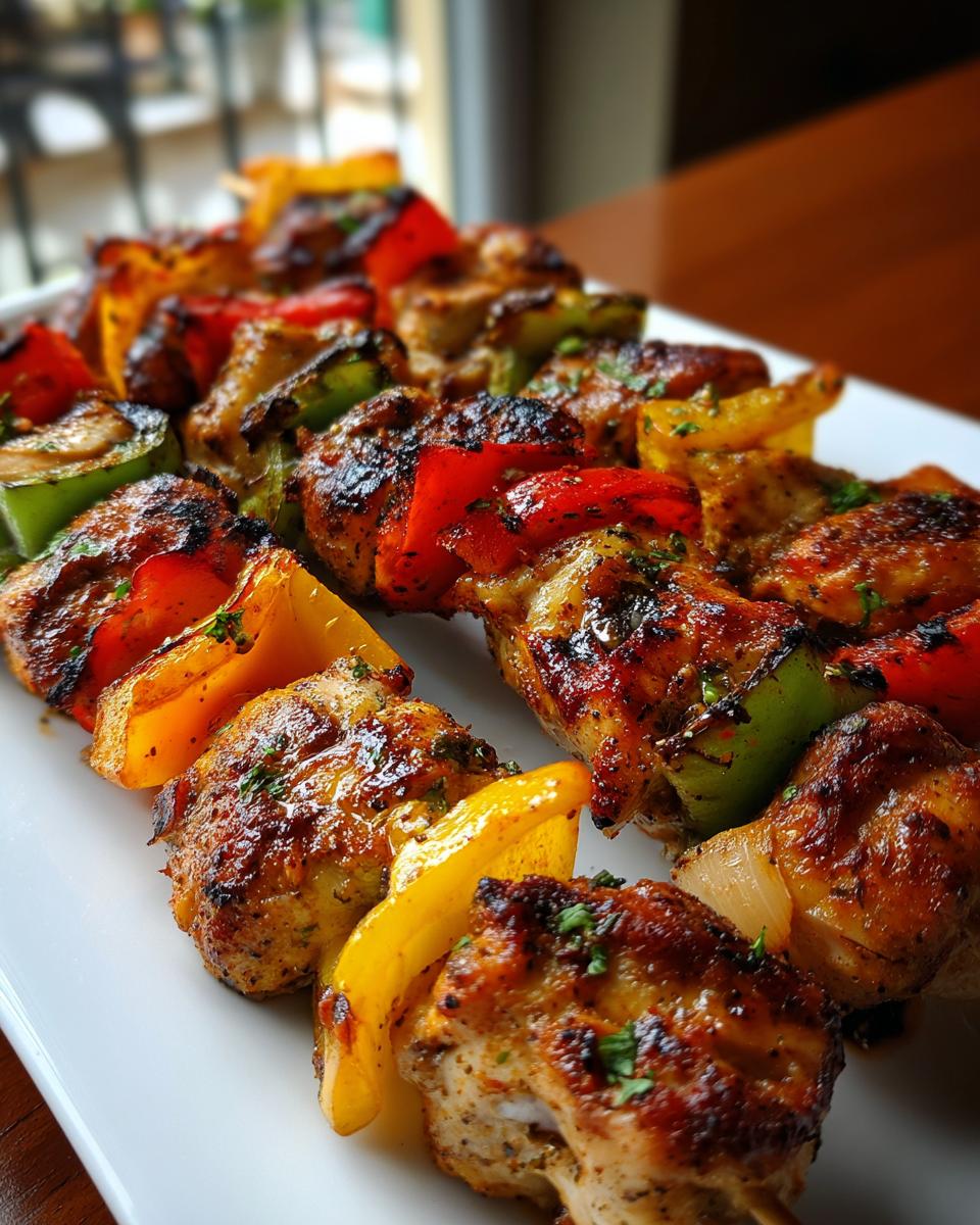 Close-up of irresistible grilled Mexican chicken skewers with colorful bell peppers and onions, garnished with herbs.