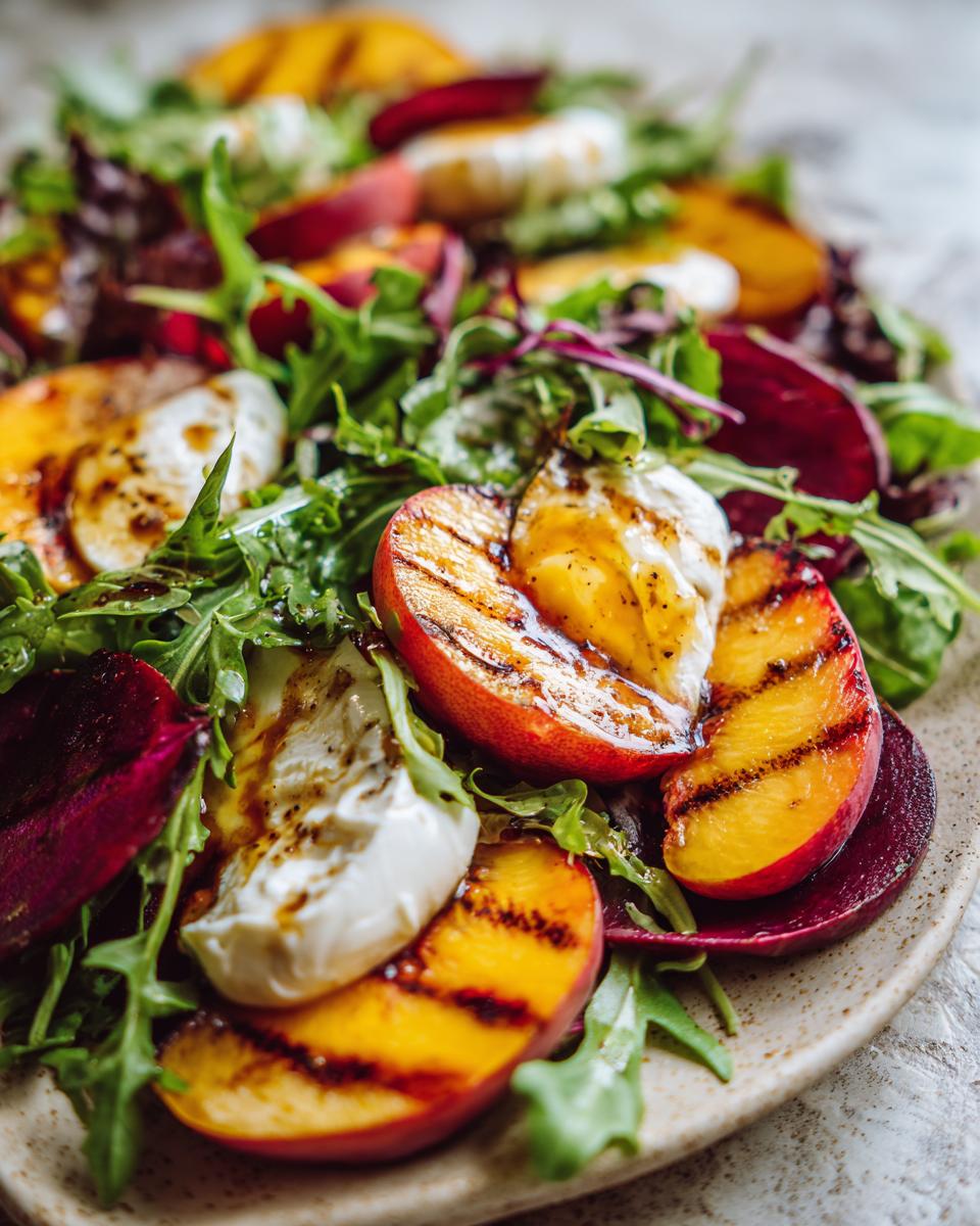 Close-up of an Irresistible Grilled Peach Burrata Salad with fresh greens, grilled peaches, burrata cheese, and beets.