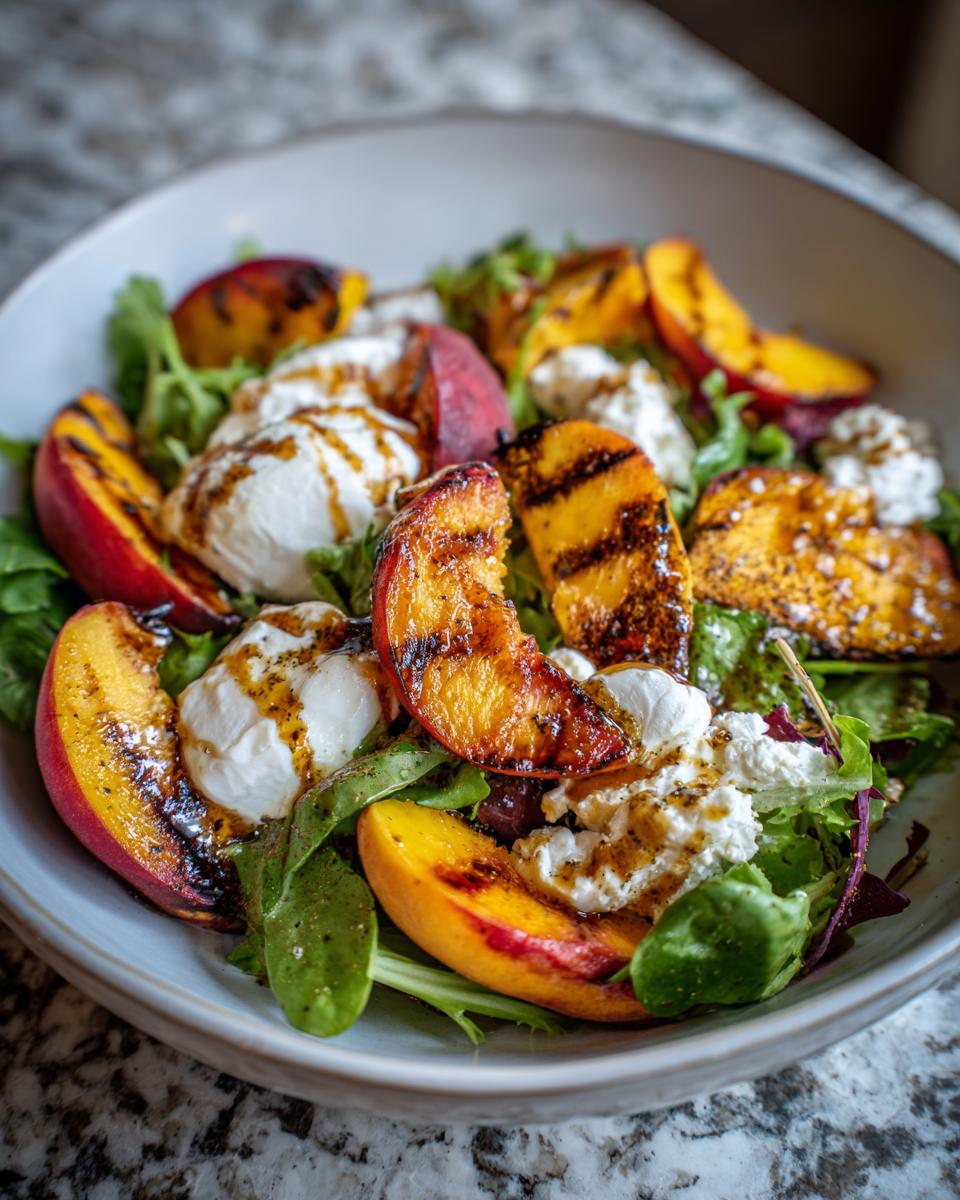 Close-up of an Irresistible Grilled Peach Burrata Salad with fresh greens, creamy burrata, and grilled peach slices drizzled with vinaigrette.