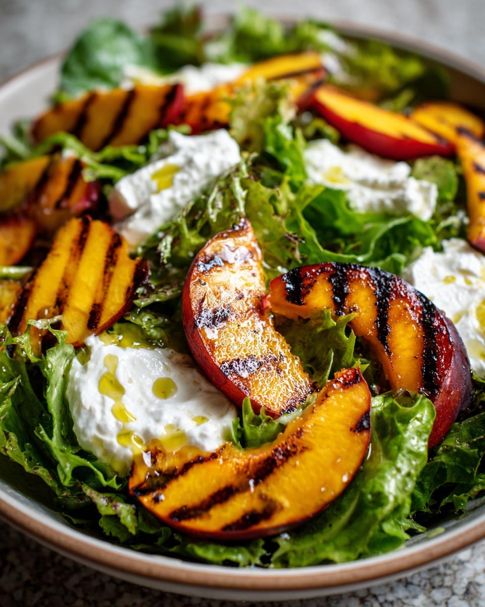 A close-up of an Irresistible Grilled Peach Burrata Salad with fresh greens, creamy burrata cheese, and grilled peach slices drizzled with vinaigrette.