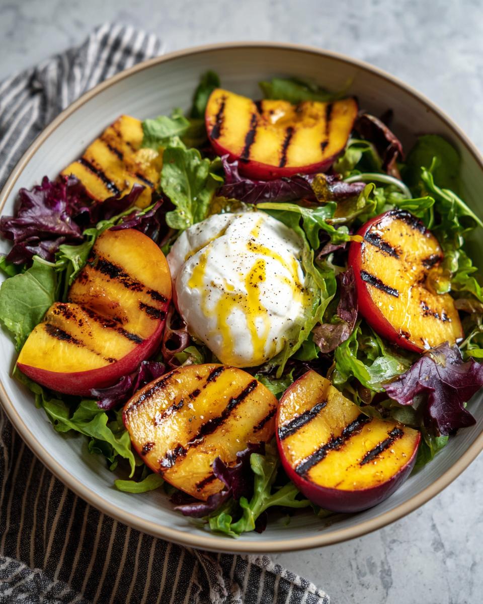 A close-up of an Irresistible Grilled Peach Burrata Salad with fresh greens, grilled peach slices, and creamy burrata cheese drizzled with vinaigrette.