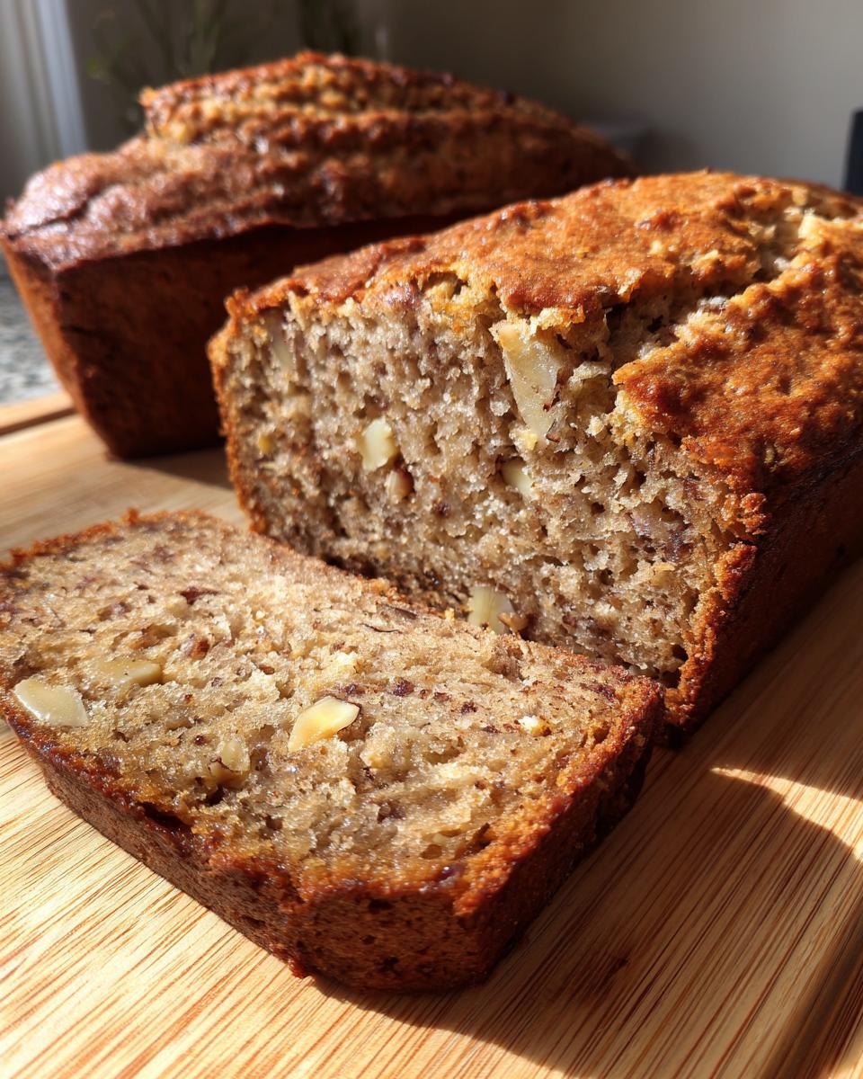 Close-up of a sliced loaf of Irresistible Hazelnut Banana Bread, showing nuts and moist crumb.