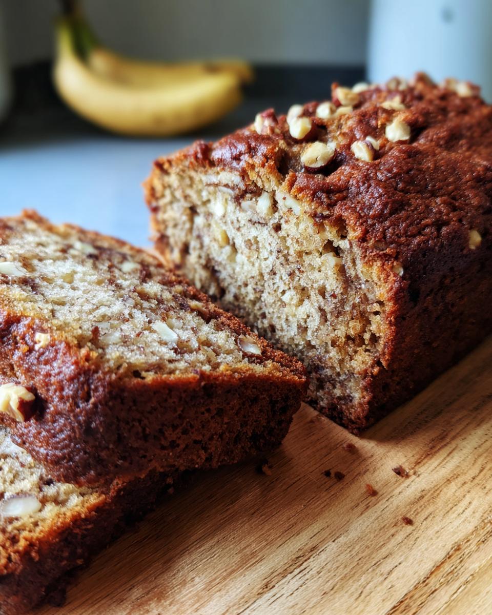 Close-up of a slice of irresistible hazelnut banana bread, showing nuts and moist texture.