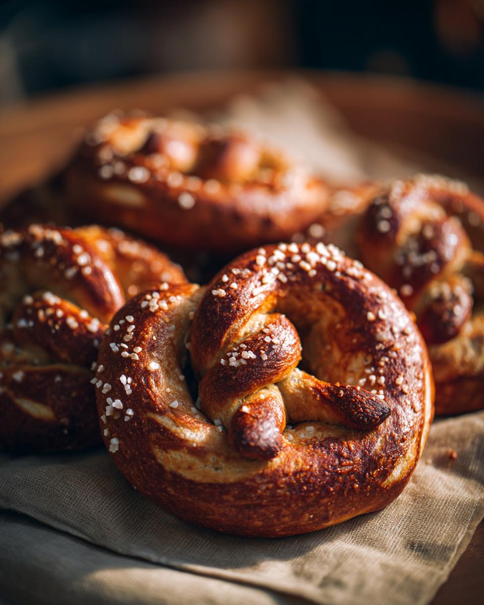 A close-up of several Irresistible Homemade Soft Pretzels, golden brown and sprinkled with coarse salt.