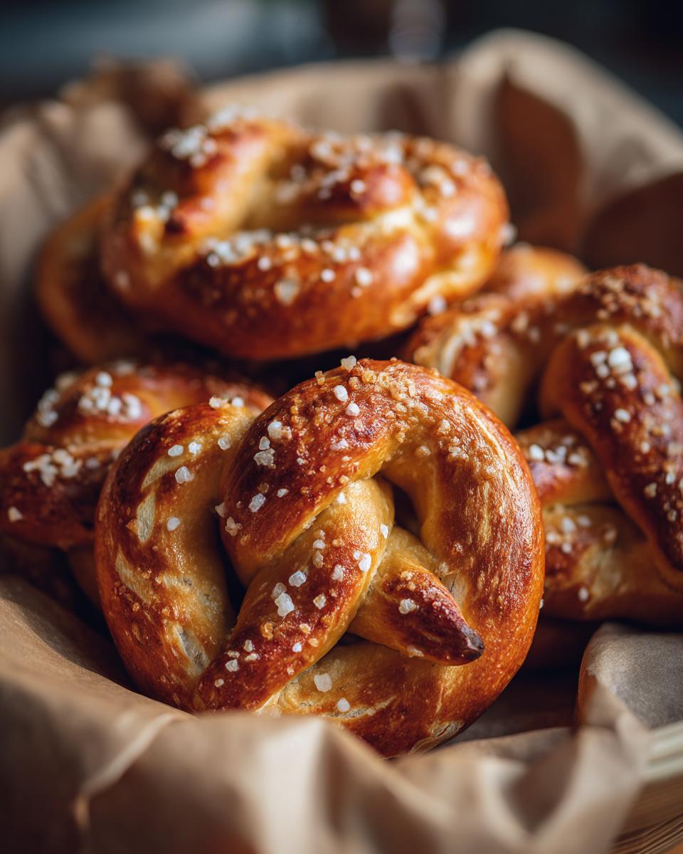 A close-up of a basket filled with Irresistible Homemade Soft Pretzels, sprinkled with coarse salt.