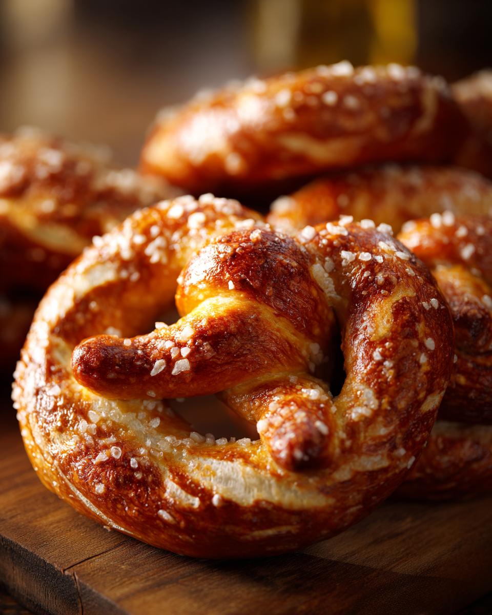 Close-up of a golden-brown, Irresistible Homemade Soft Pretzel generously sprinkled with coarse salt.