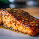 Close-up of a perfectly cooked Irresistible Honey Glazed Salmon fillet, glistening with glaze and herbs.