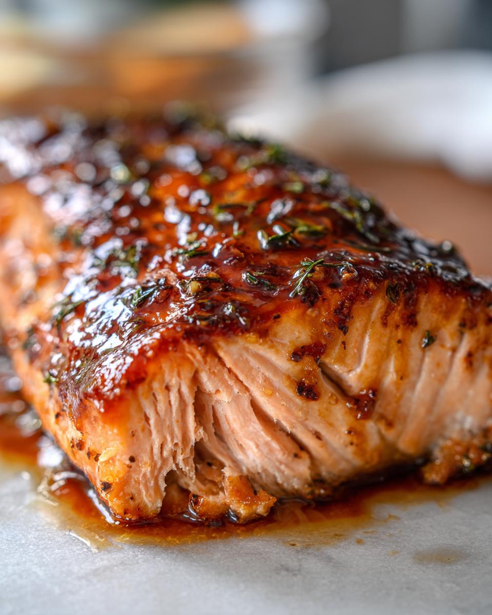 Close-up of an Irresistible Honey Glazed Salmon Recipe fillet, glistening with glaze and herbs.
