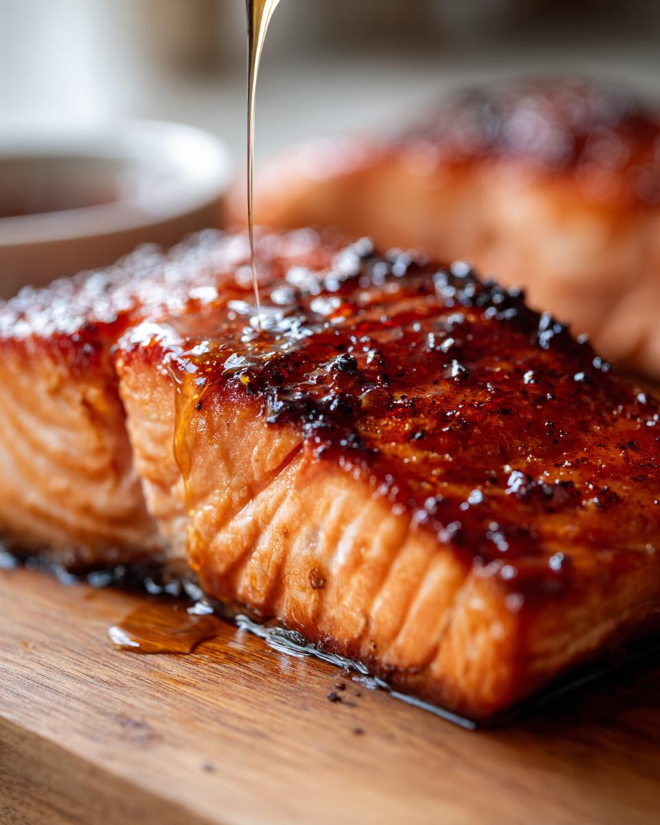 Close-up of an irresistible honey glazed salmon fillet being drizzled with more glaze on a wooden board.