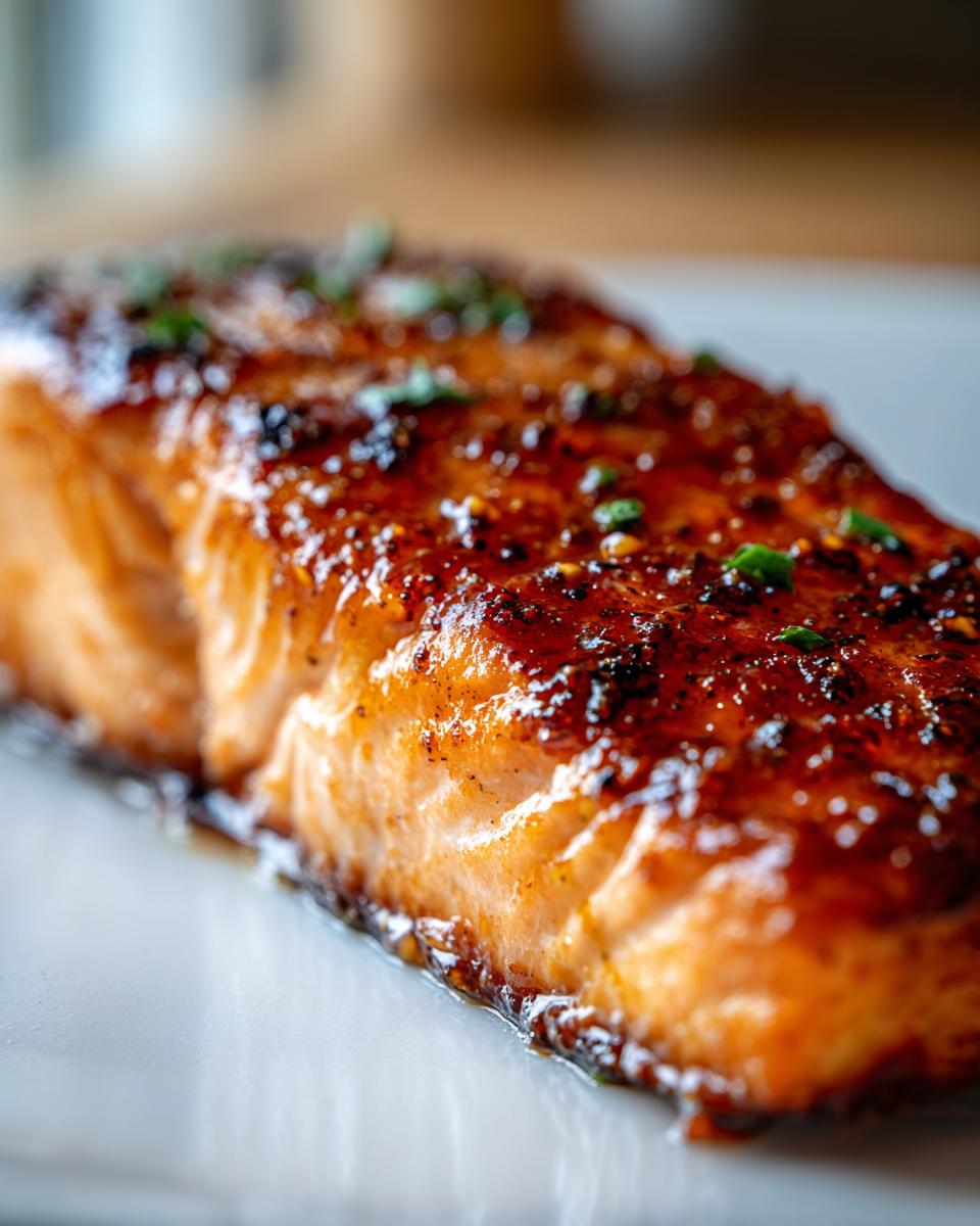 Close-up of an irresistible honey glazed salmon fillet, glistening and topped with herbs.