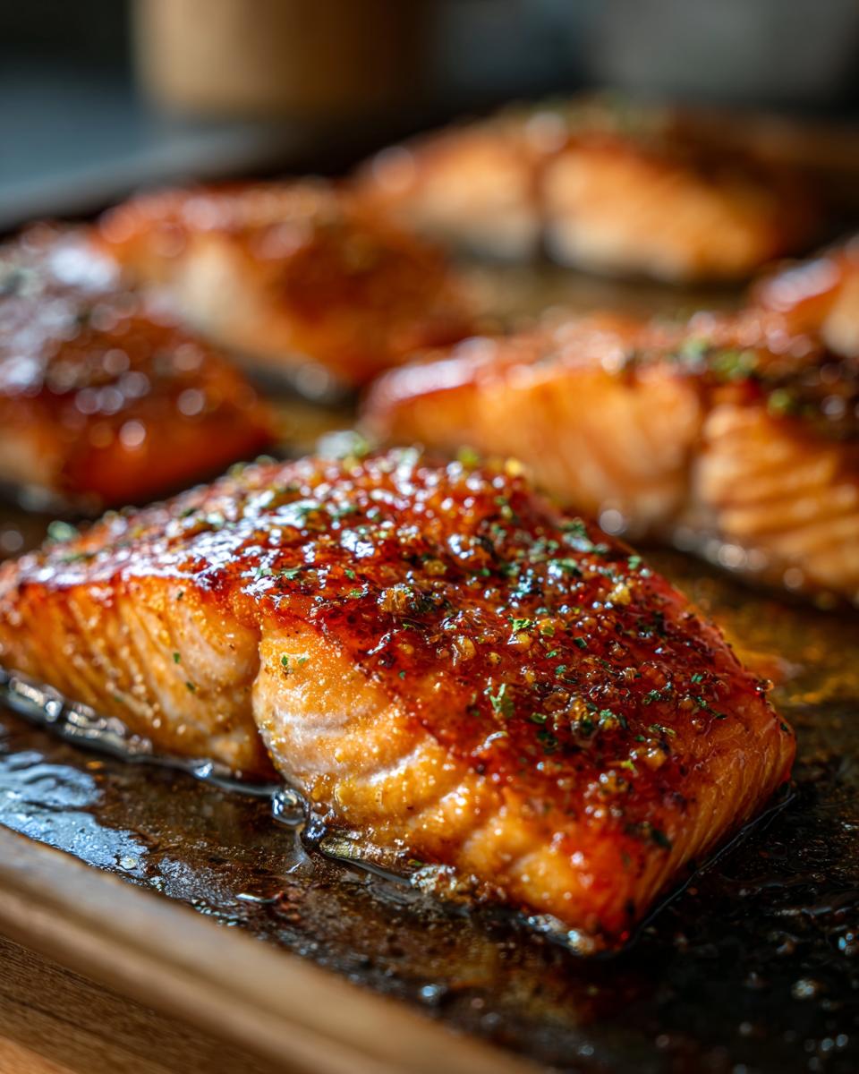 Close-up of Irresistible Honey Glazed Salmon fillets baked on a sheet pan, glistening with glaze and sprinkled with herbs.