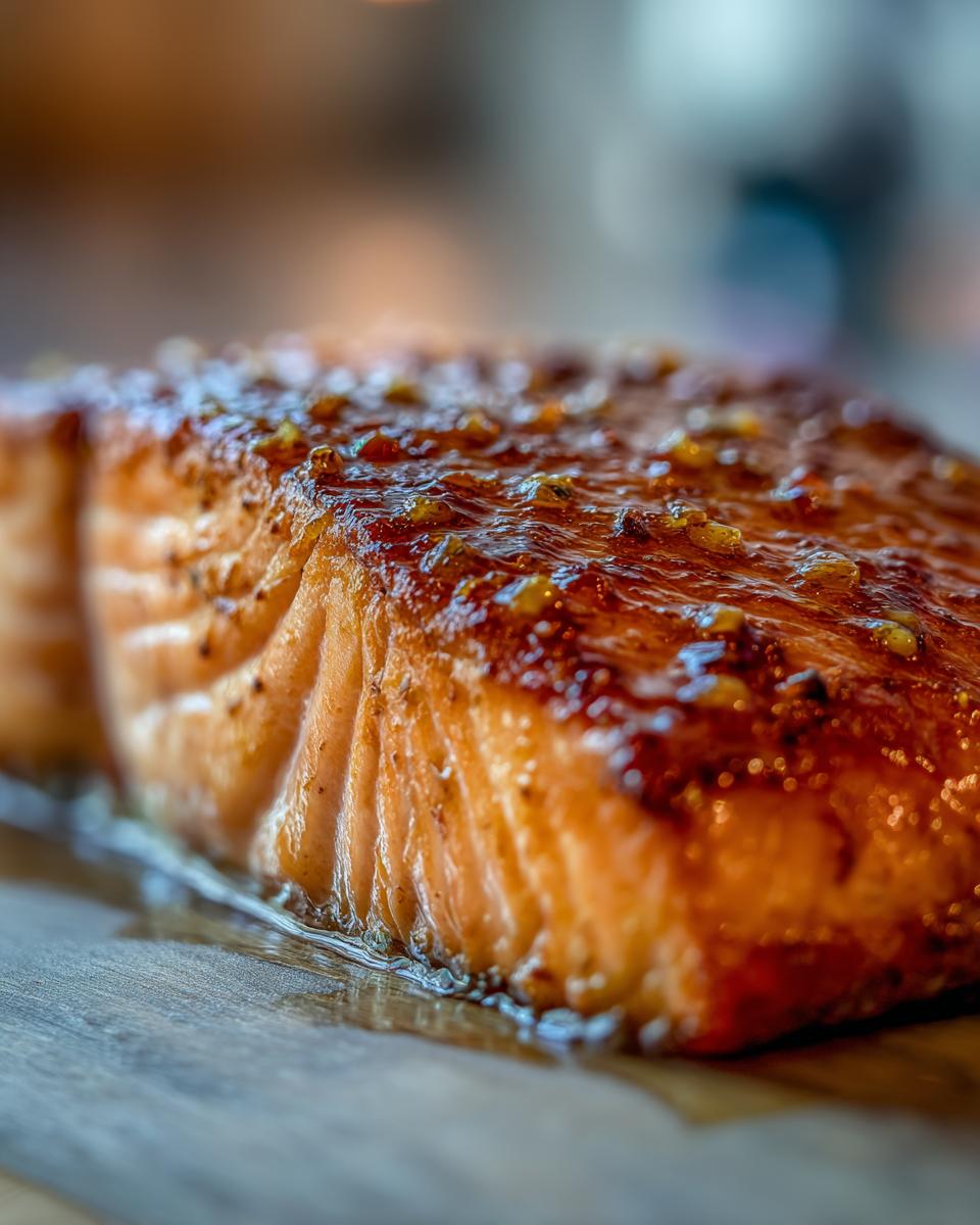 Close-up of a perfectly cooked, glistening honey mustard salmon fillet, ready for dinner.