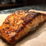 Close-up of a perfectly cooked, glistening Irresistible Honey Mustard Salmon fillet with herbs.