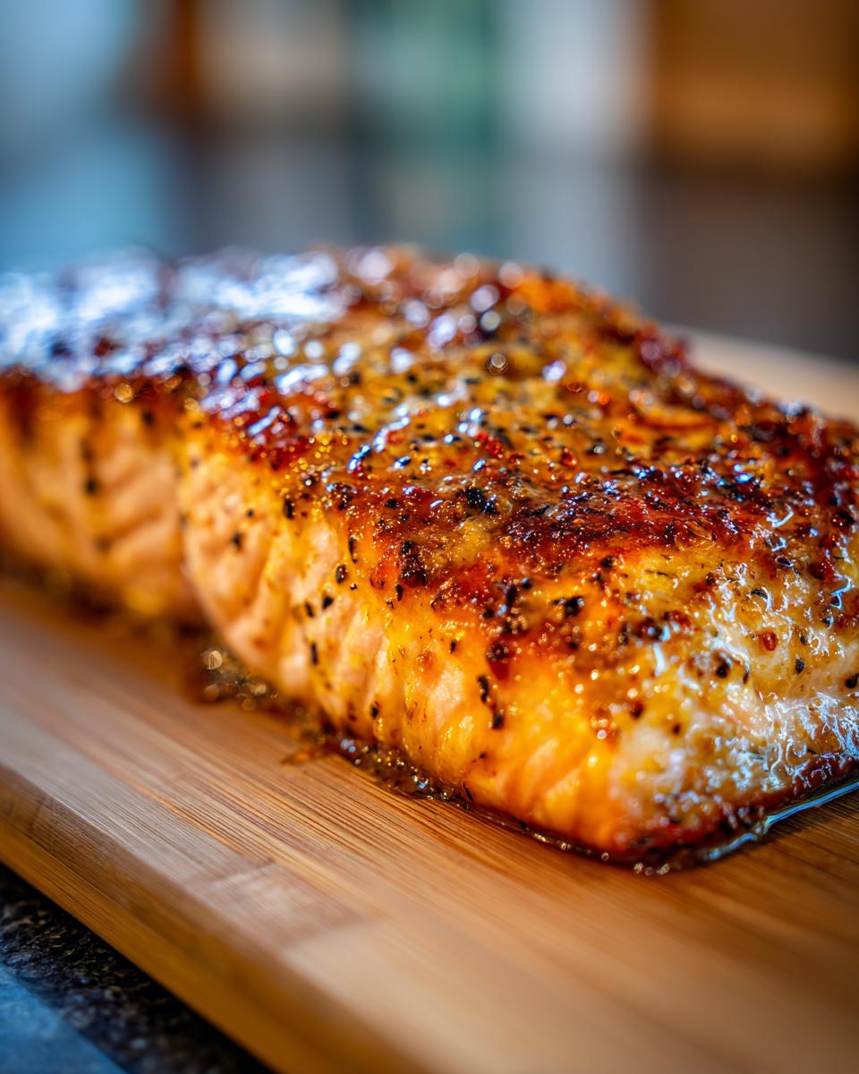 Close-up of a perfectly cooked, glistening honey mustard salmon fillet with visible spices on a wooden cutting board.
