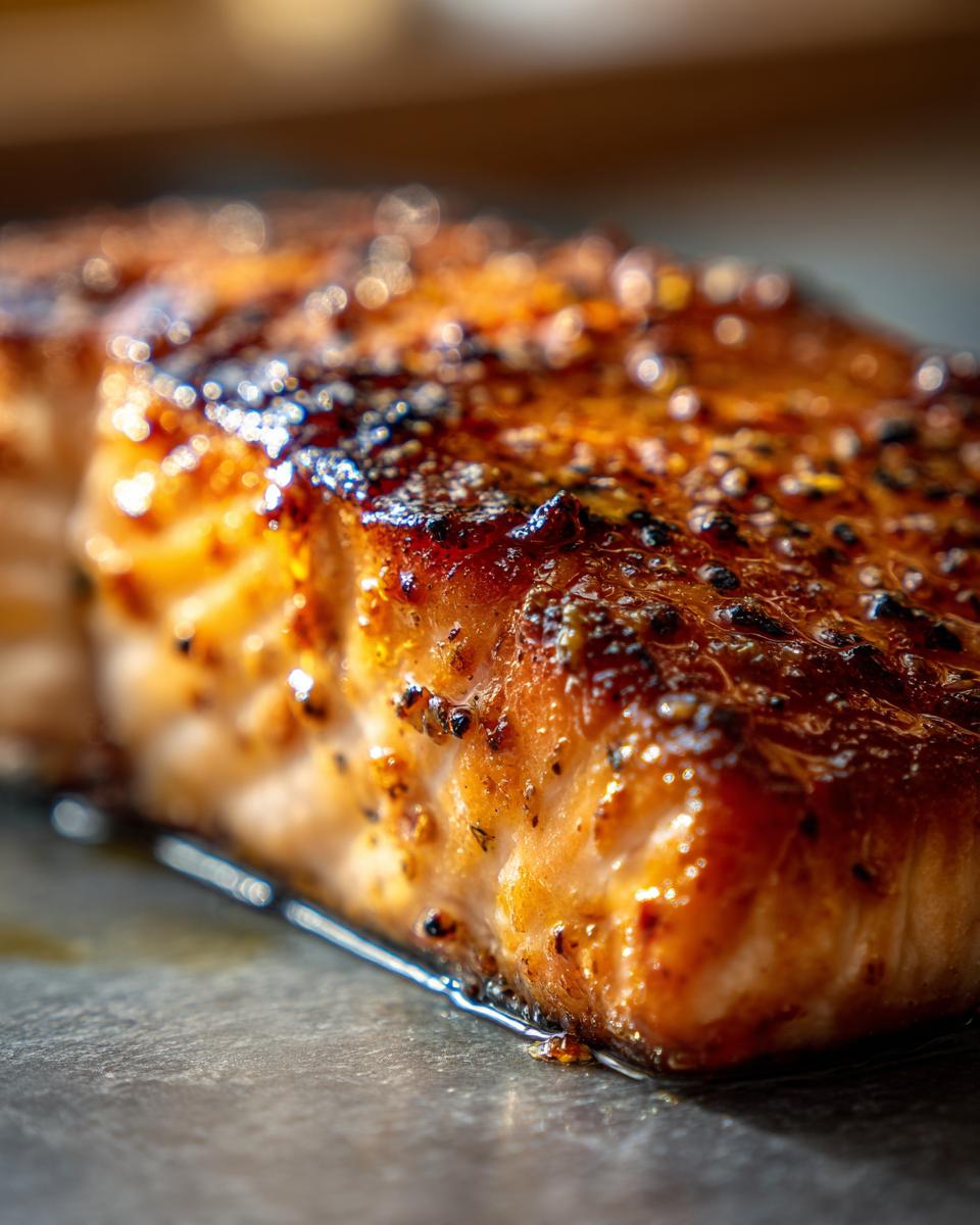 Close-up of a perfectly cooked, glistening honey mustard salmon fillet with a caramelized crust.