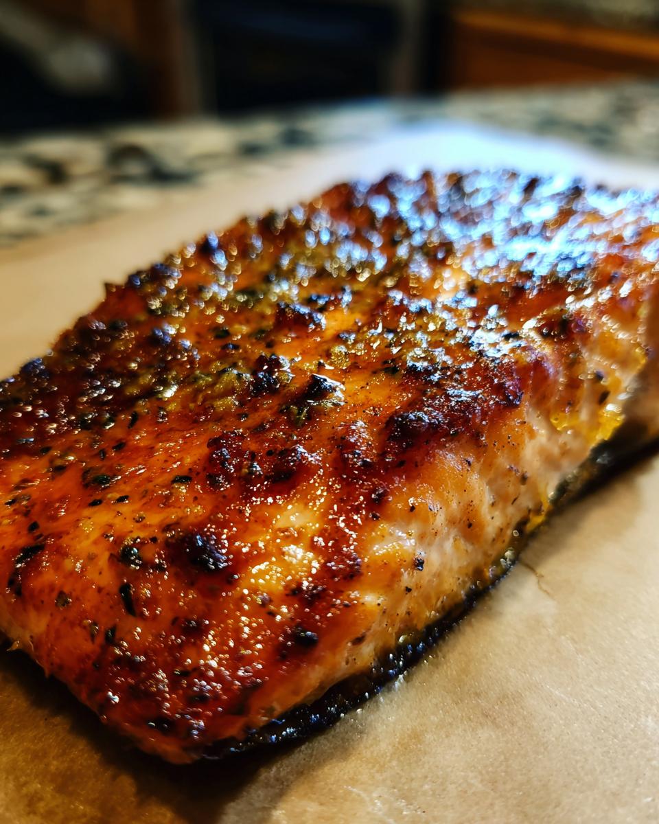 Close-up of a perfectly cooked, glistening honey mustard salmon fillet with herbs.