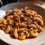 A close-up of a bowl filled with Irresistible Italian Sausage Pasta, coated in a creamy sauce and sprinkled with herbs.
