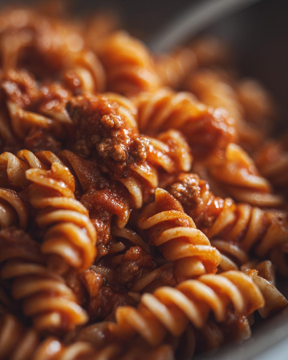 Close-up view of Irresistible Italian Sausage Pasta with fusilli noodles coated in a rich tomato sauce.