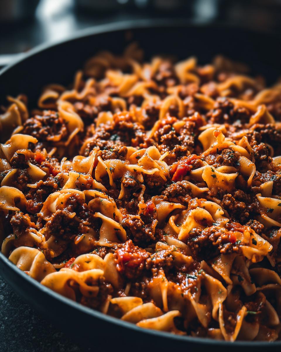 Close-up of a pan filled with Irresistible Italian Sausage Pasta Recipe, featuring wide noodles and a rich meat sauce.