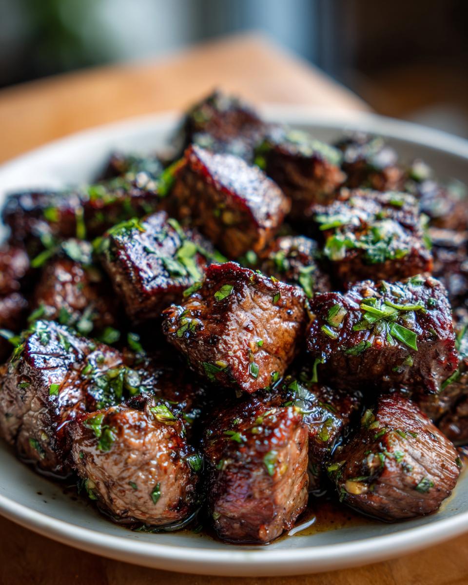 Close-up of Irresistible Juicy Garlic Butter Steak Bites, glistening and topped with fresh herbs.
