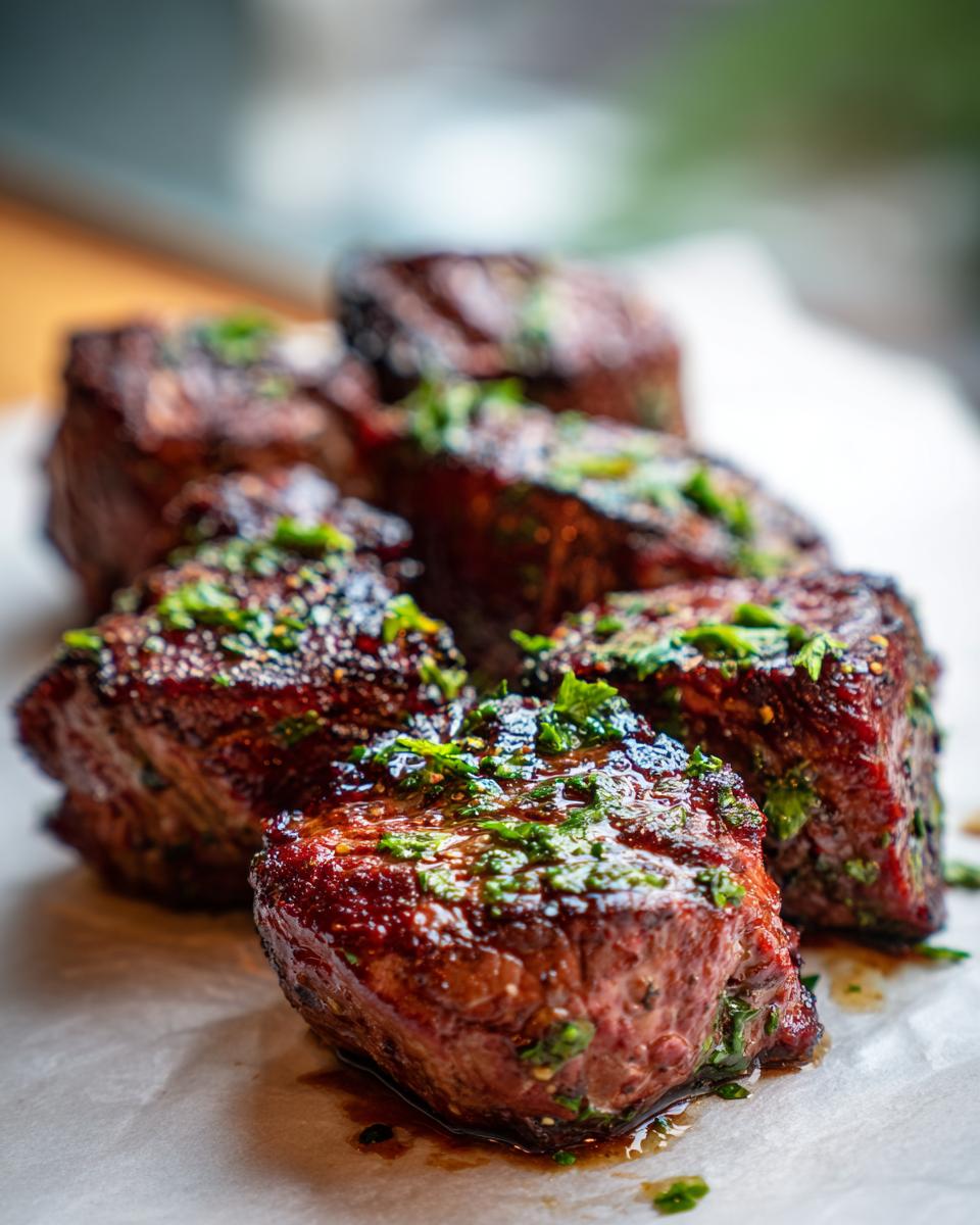 Close-up of Irresistible Juicy Garlic Butter Steak Bites, glistening with butter and herbs.